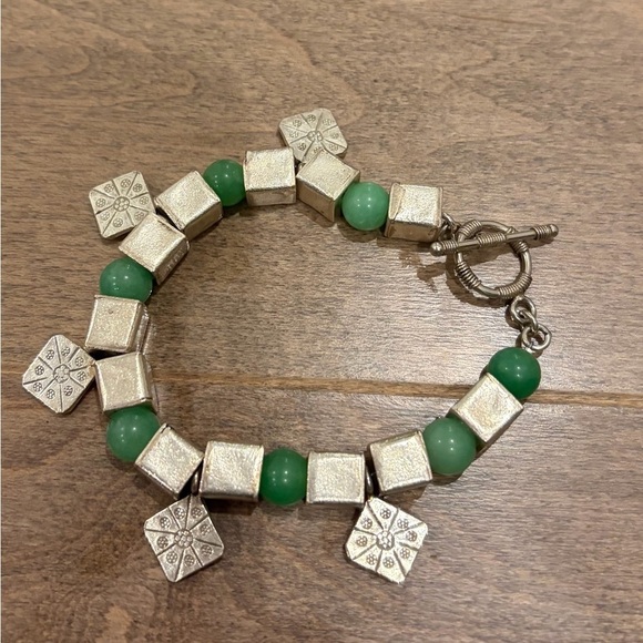 925 Sterling Silver Jewelry - Vintage Chinese Silver and Jade Geometric Charm Bracelet